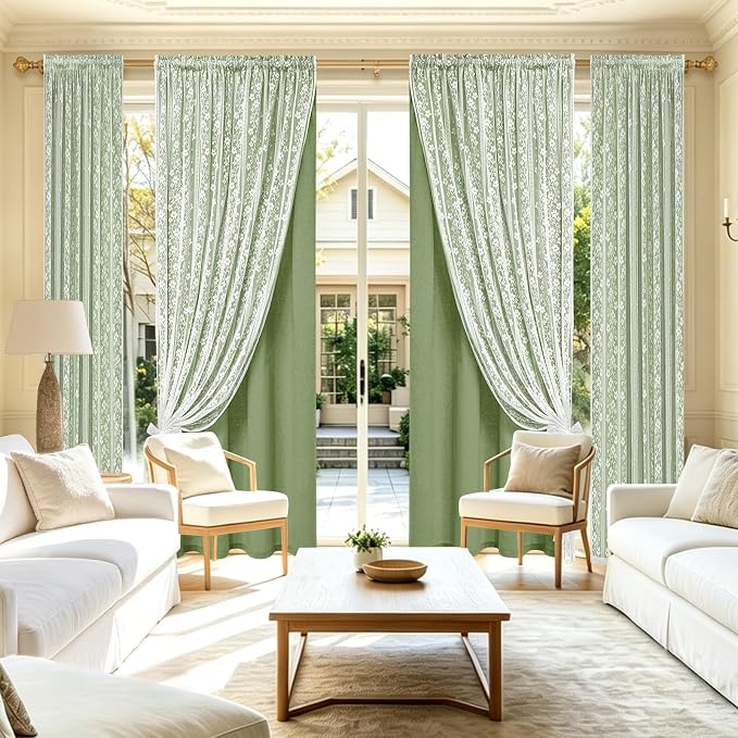 ASPMIZ Linen Curtains for Living Room Double Layer Curtains with Linen Lace, Sage Green Curtain for Bedroom Light Filtering, Rod Pocket Drapes 84 Inch Length 2 Panels Set with 2 Tiebacks, 52x84