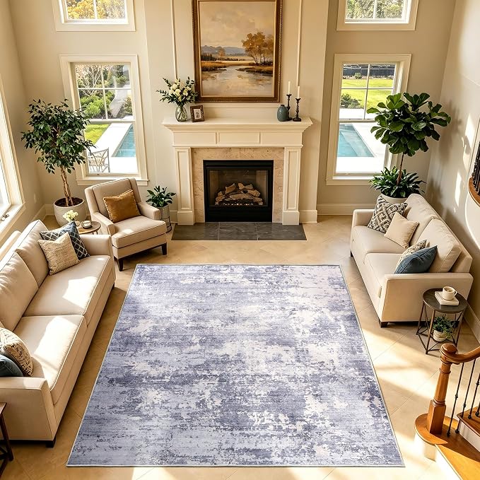 10x12 Area Rugs Living Room Rug Abstract Washable Rug Non-Slip Soft Low Pile Indoor Floor Stain Resistant Thin Carpet for Bedroom Dining Room Home Office Farmhouse Nursery - Light Gray & Cream