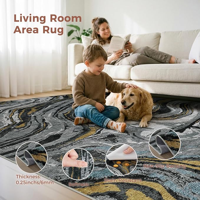 DMOYEST 5x7 Area Rug for Living Room - Washable Neutral Modern Abstract Rugs Soft Non-Slip Carpet Low Pile Indoor Floor Mat for Bedroom & Dining Room Decor for Families with Kids and Pet-Black Golden