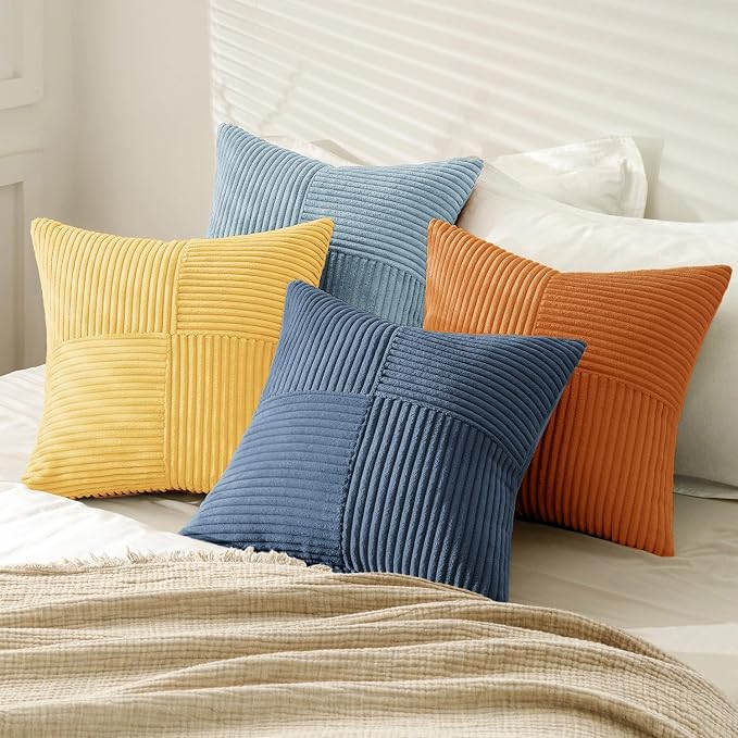 MIULEE Summer Yellow Blue Decorative Throw Pillow Covers 18x18 Inch Set of 4 Soft Corduroy Boho Patchwork Pillow Covers Modern Farmhouse Bright Home Decor for Sofa Living Room Couch Bed