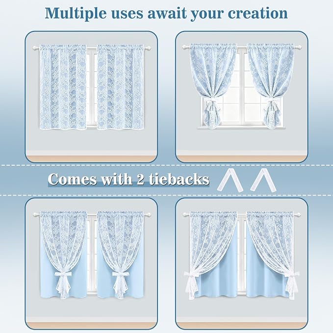 Yinhua Blue Kitchen Curtains 36 Inch Length Double Layer Blackout Cafe Curtains with Floral Sheer Overlay Rod Pocket Short Curtain for Windows, Small Window Curtain for Bathroom, Living Room, 2 Panels