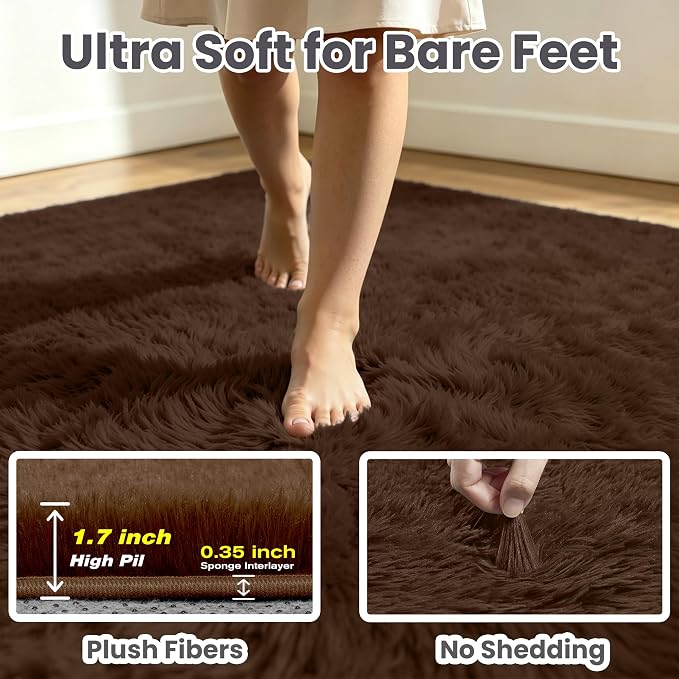 5x8 Area Rug for Living Room, Ultra Soft Fluffy Brown Rugs for Bedroom, Non Slip Large Shag Carpet, Fuzzy Plush Nursery Rug, Thick Washable Indoor Floor Carpets for Kids Office Dorm Home Decor