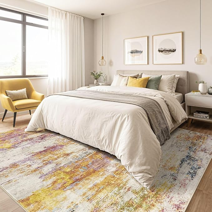 4x6 Area Rug Living Room: Machine Washable Large Abstract Modern Soft Rug Stain Resistant Indoor Floor Non-Slip Accent Carpet for Bedroom Nursery Playroom Office Dining Room Dorm- Gold Colorful