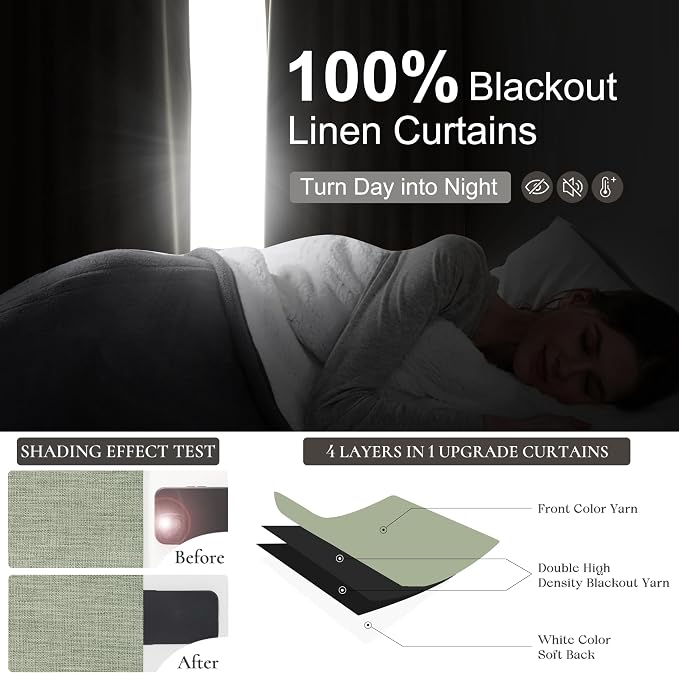 Sage Green Blackout Linen Curtains 84 Inches Long for Living Room Bedroom, Pleated Window Track Curtain with Pin Hooks Belt Boho Light Green Drapes Thermal Insulated (50"Wx84"Lx2Panels) Back Tab