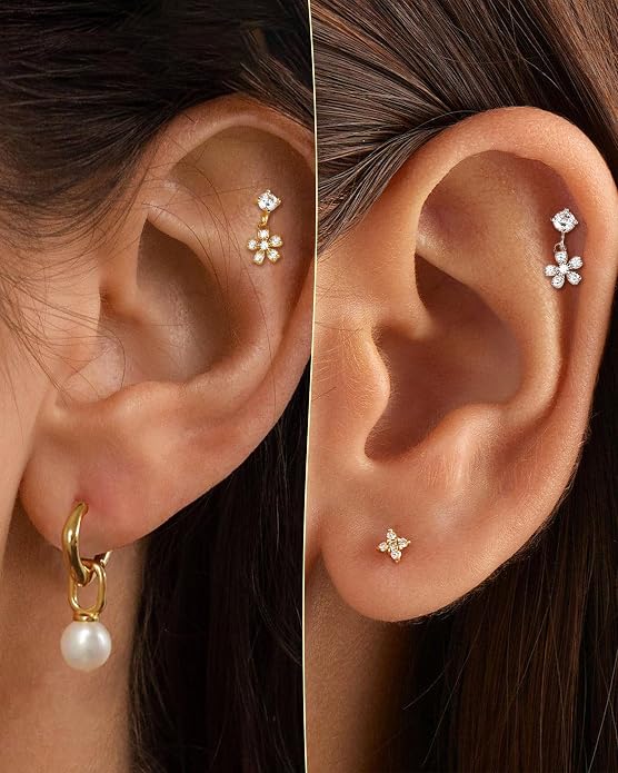 COCHARM 14K Gold Plated Cartilage Earrings Stud 16G Dangle Star 925 Sterling Silver Helix Tragus Earrings Surgical Steel Flat Back Earrings Dangly