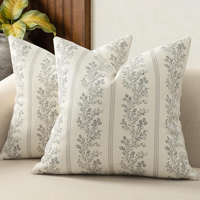 Vintage Throw Pillow Covers 20x20 Set of 2, Striped Floral Pillow Cover Botanical Patterned Decorative Cushion Covers Modern Farmhouse Home Decor for Sofa Couch Bed Living Room, Quiet Gray