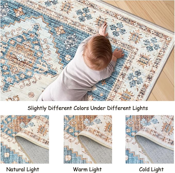 Roxstand 8x10 Washable Area Rugs for Living Room, Blue/Beige | Non-slip Backing, Low-Pile Carpet, Stain Resistant,Rugs for Living Room, Bedroom, Dining Room, Office