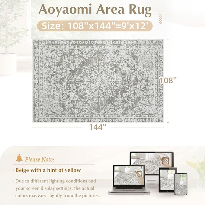 Vintage Living Room Area Rug - 9x12 Large Machine Washable Boho Area Rug Distressed Floral Rugs for Bedroom, Soft Non-Slip Indoor Floor Accent Rugs for Office Dining Room (Floral Grey, 9'x12')