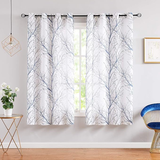 FMFUNCTEX Blue White Curtains 50" X 45" for Kitchen Living Room Tree Branch Print Wrinkle- Free Small Linen Texture Semi Sheer Window Panels for Bedroom 2 Panels, Grommet Top | Short Sheer Branch Patterned Drapes, Light Filtering Grommet Panels for Kit...
