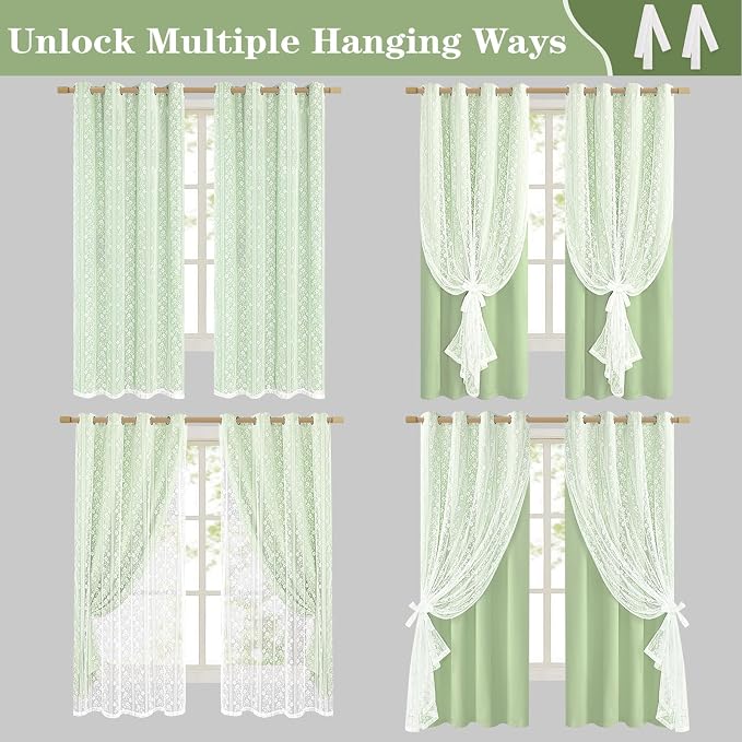 ASPMIZ Sage Green Blackout Curtains for Bedroom 84 inch Long, Double Layer Curtains for Living Room Light Blocking Grommet Drapes with Lace Overlay, Thermal Insulated Window Curtain Set of 2, 52x84