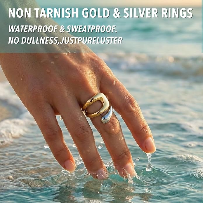 Gelbesty Waterproof Gold Statement Rings for Women, 14K Gold Plated Chunky Open Stackable Rings Non Tarnish Fashion Adjustable Stainless Steel Pinky Knuckle Signet Vintage Ring Jewelry Size 5-11