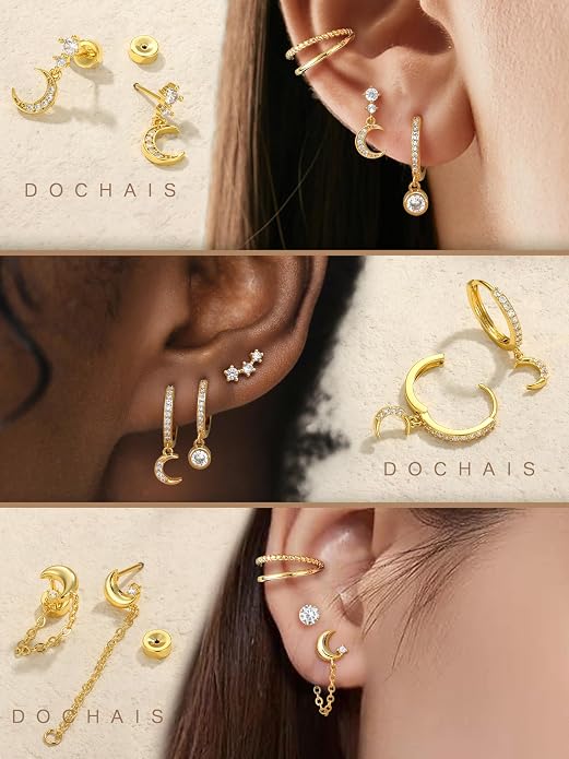 Dochais Flat Back Cartilage Earrings for Women Trendy Dainty CZ Flatback Studs Earing Sets 14k Gold Plated Hypoallergenic Huggie Hoops Earring Stacks for Multiple Piercing