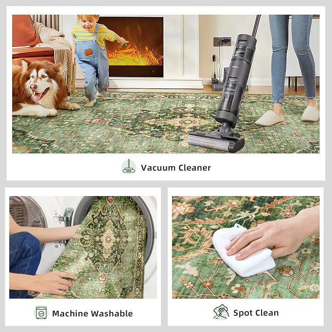 Green Runner Rugs 2x10 Boho Small Washable Area Rugs for Entryway Bathroom Kitchen, Long Rugs for Hallway Soft Low Pile Non-Slip Rubber Backing Oriental