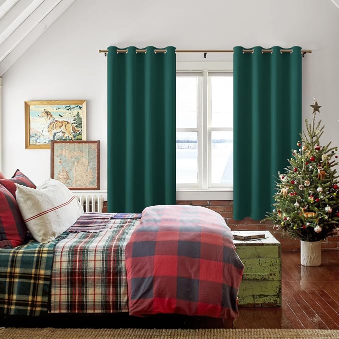 Hiasan Blackout Curtains for Bedroom, 52 x 63 Inches Length - Thermal Insulated & Energy Saving Window Curtains for Living Room, 2 Drape Panels Sewn with Tiebacks, Hunter Green