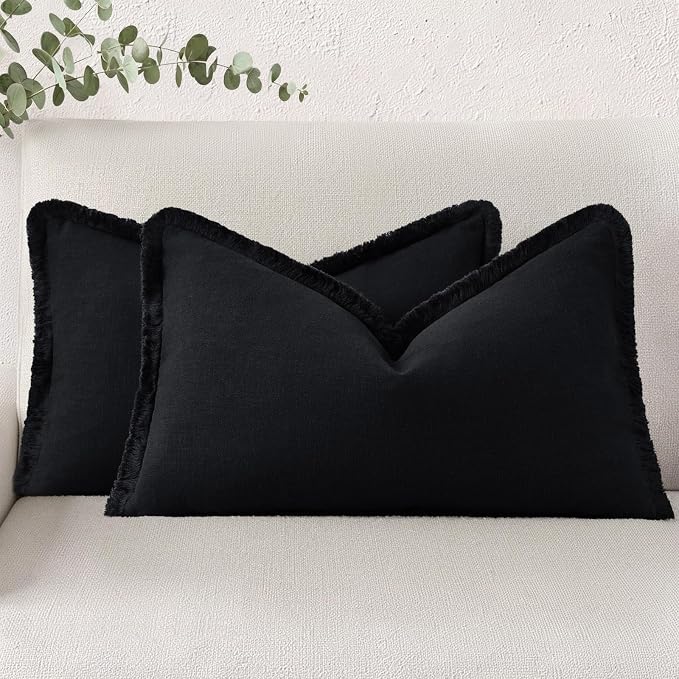 decorUhome Linen Fringe Black Throw Pillow Covers 12x20 Set of 2 | Decorative Soft Accent Modern Boho Farmhouse Lumbar Cushion Covers with Tassels Cotton Pillow Covers for Couch Bed Sofa