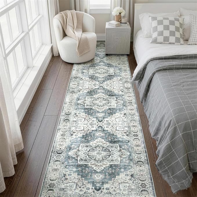 Lessymo Washable Long Runner Rug for Hallway, 2 x 10 Entryway Rugs Boho Faux Wool Low Pile Rug for Kitchen, Floral Medallion Vintage Rugs with Non-Slip Rubber, Blue Grey/Beige
