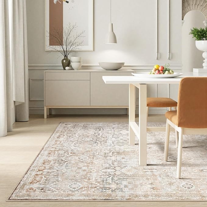 Collive Area Rug for Living Room 5x7, Machine Washable Neutral Farmhouse Rugs for Bedroom, Soft Non-Slip Low Pile Indoor Floor Accent Carpet for Office Entryway Nursery Dining Room - Beige
