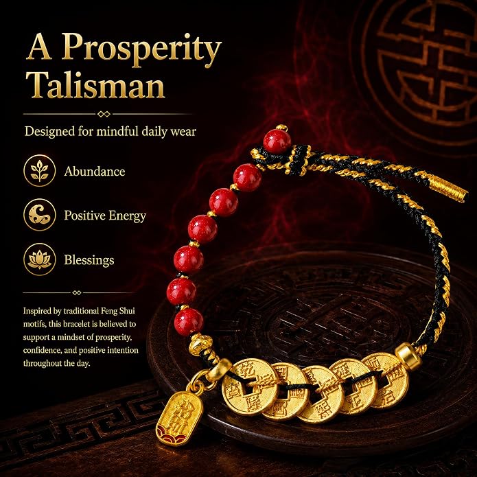 Feng Shui Bracelet with Five Emperor Coins, Beads Amulet for Wealth & Good Luck, Spiritual Protection Jewelry, Adjustable Ha