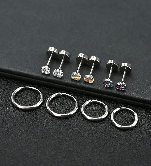 MJust Titanium Earrings for Sensitive Ears 20G Hypoallergenic Stud Hoop Earrings for Women Men Opal Ball CZ Heart Pearl Flat Back Earrings Cartilage Earrings Set