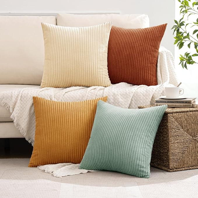 MIULEE Boho Farmhouse Throw Pillow Covers 16x16 Inch Set of 4 Modern Natural Decorative Cushion Covers Soft Corduroy Fall Home Decor for Spring Couch Bed Sofa Living Room Teal-Rust Gradient Series