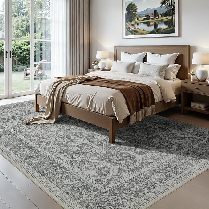 Joydeco 5x7 Area Rugs for Living Room, Non Slip Machine Washable Vintage Rug, Low Pile Thin Chenille Print Rugs for Bedroom, Dining Room, Pet & Child Friendly, Home Office, Light Gray&Dark Gray&White