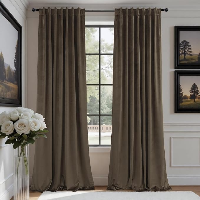 Brown Velvet Curtains for Living Room 108 Inch Long 2 Panels Elegant Vintage Soft Solid Textured Thermal Insulated Darkening Curtain for Bedroom Ceiling to Floor Length Dark Out Drape Modern Farmhouse