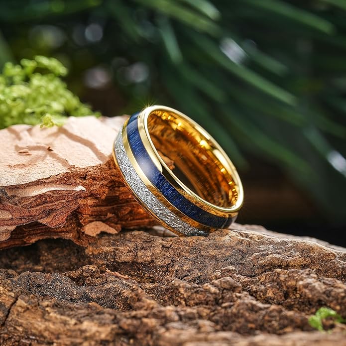 King Will Tungsten Rings for Men Meteorite Carbon Fiber Wood Inlay Mens Wedding Engagement Band Domed Polished