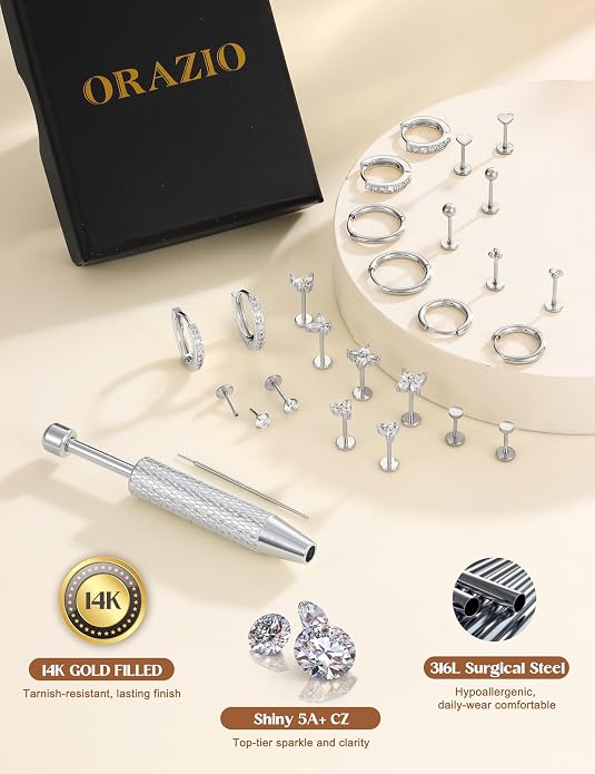 ORAZIO 16G/18G/20G Flat Back Earrings for Women Threadless 316L Surgical Steel Stud Hoop Earrings Push in Nose Studs Hypoallergenic Cartilage Earring Stacks Labret Helix Tragus Conch Piercing Jewelry
