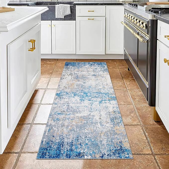 ROYHOME Modern Abstract 2x8 Runner Rug Non Slip Non Shedding Rug Low Pile Stain Resistant for Bedroom Hallway Kitchen,Blue/Grey