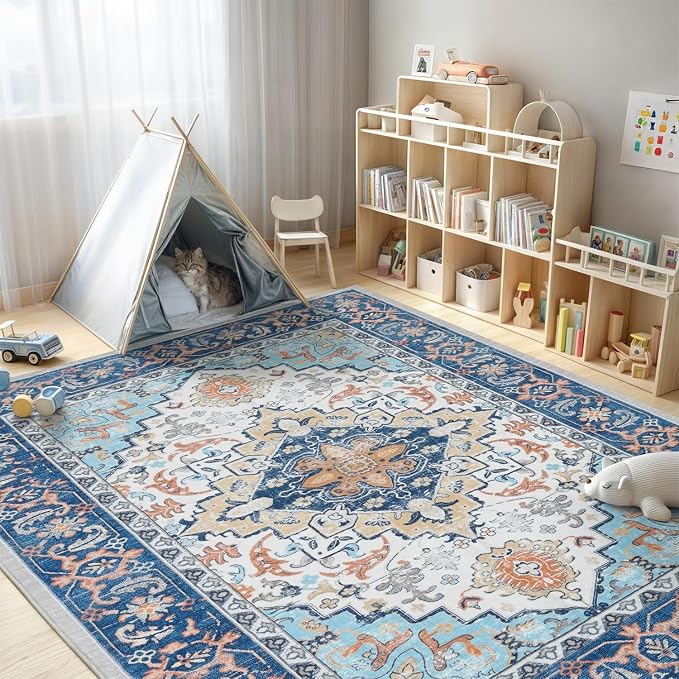 Lofus 6x9 Area Rugs for Living Room, Washable Area Rug, Rugs for Bedroom, Kitchen, Vintage Boho Carpet, Soft Non-Slip, Low Pile Large Area Rug for Office Dining Room, Floral Blue