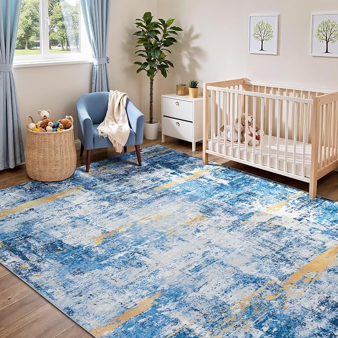 Rugflix 5x7 Area Rugs for Living Room, Washable Large Rug Stain-Resistant Low Pile, Modern Carpet for Dining Room Home Office Kid Room Nursery Bedroom, Blue Gold