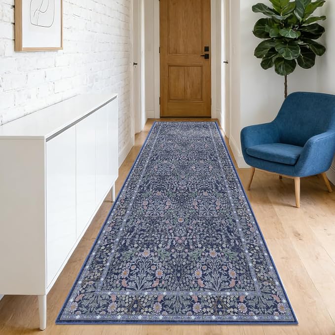 Washable 2'6" x 8' Runners for Hallways, Non Slip Long Floor Runner for Kitchen, Entryway Indoor, Stain Resistant Rubber Backing Floral Decor Rug (Blue)