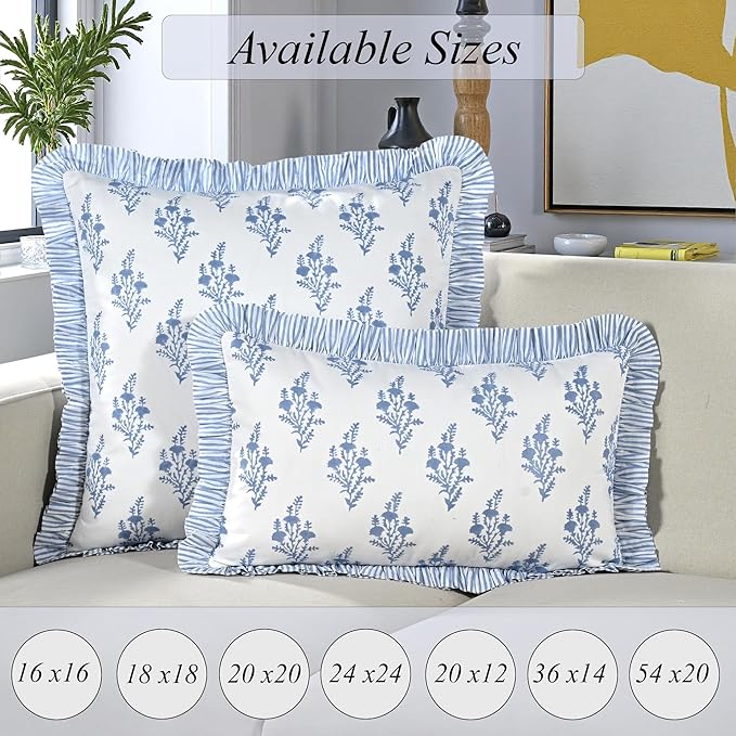 Ridhi Coastal Blue Block Print Ruffle Throw Pillow Cover 20" x 20" (Pack of 2) Decorative Cushion Covers with Ruffle for Couch, Sofa, Bed, Living Room, Home Decor Gift for Spring, Mother's Day