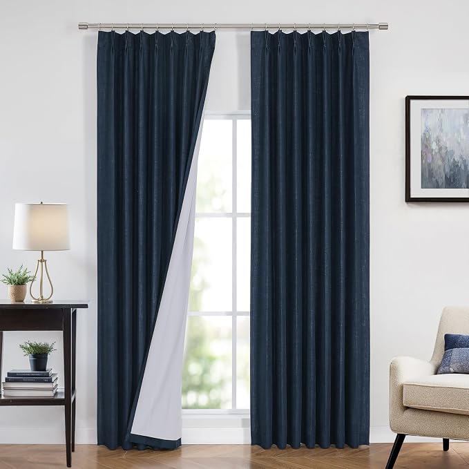 Vision Home Navy Blue Pinch Pleated Full Blackout Curtains Linen Blended Room Darkening Curtain Panels 72 inch for Living Room Bedroom Thermal Insulated Pinch Pleat Drapes with Hooks 40" Wx72 Lx2