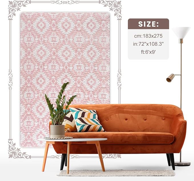 Macgace Ultra Soft Area Rug for Living Room, 6x9 Pink and White Shag Rugs | Washable Non-Slip Backing Medium Pile Modren Geometric Fuzzy Carpet for Kids Room, Girls Bedroom, Classroom, Dorm