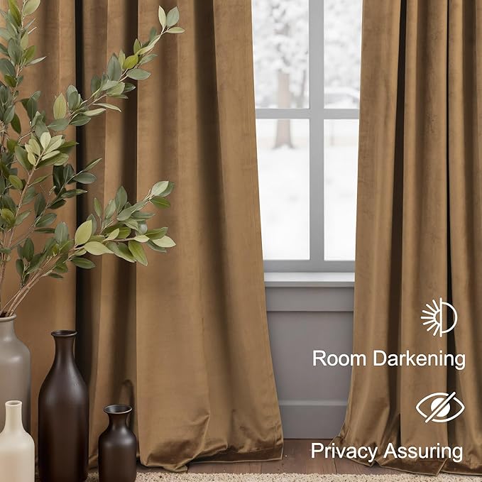 Gold Brown Velvet Curtains 96 Inches Long for Bedroom 2 Panel Back Tab Rod Pocket Vintage Heavy Thick Thermal Insulated Light Reducing Floor to Ceiling Drape for Living Room 8FT Length Noise Reducing