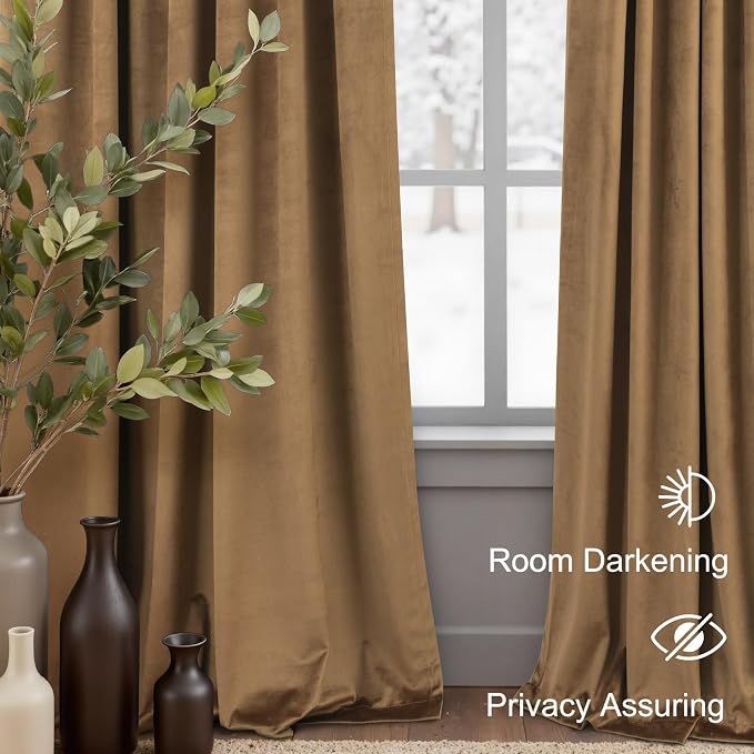Velvet Curtains 84 Inch Length 2 Panels Set Gold Brown Light Blocking Thermal Insulated Room Darkening Window Drapes Soft Luxury Curtain for Living Room Bedroom Back Tab Pleated Pocket 7ft Long Golden