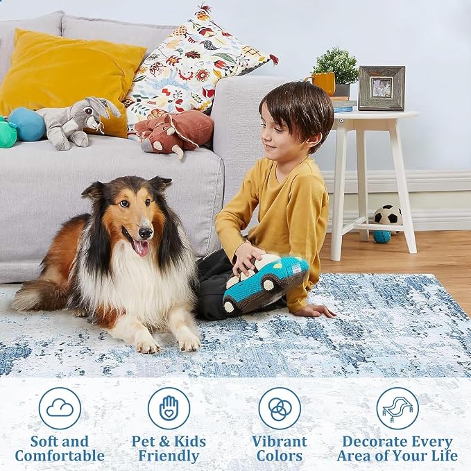 ROYHOME Modern Abstract 2x10 Runner Rug Non Slip Non Shedding Low Pile Stain Resistant Rug for Hallway Kitchen Bedroom, Light Blue