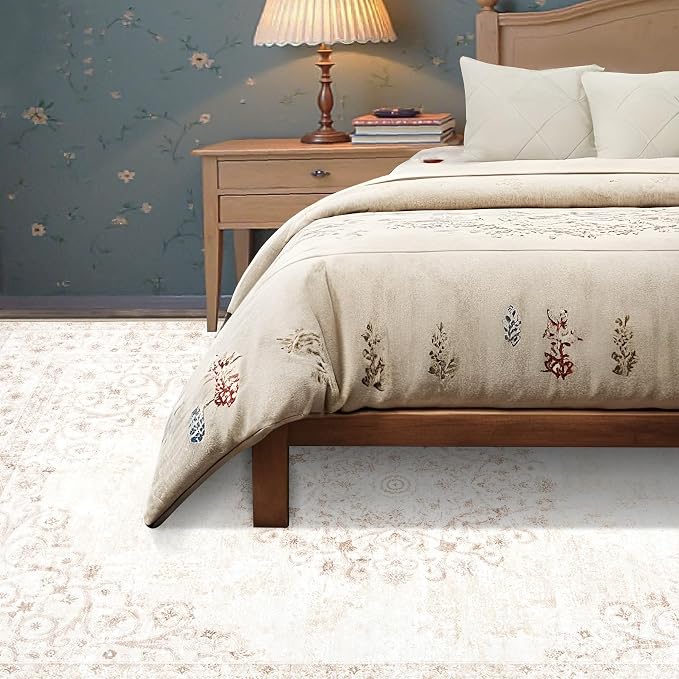 Area Rug 6x9 Vintage Rug: Washable Indoor Medallion Rugs Low Pile Distressed Floor Carpet Retro Accent Rug for Living Room Bedroom Kitchen Dining Table Home Office(Distressed Beige, 6'x9')