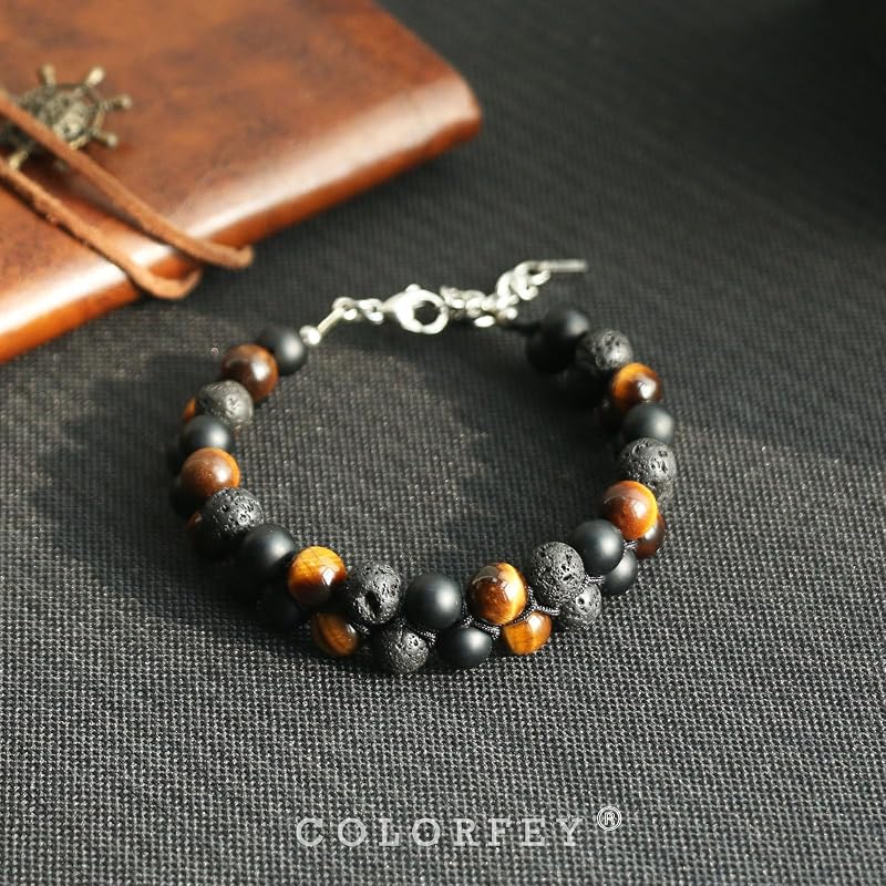 Triple Protection Bracelet for Men Women, Authentic Mens Bracelet Genuine Tiger Eye Black Onyx Lava Rock Crystal Bracelets, 8”Adjustable Beaded Bracelet for Men Grounding and Confidence