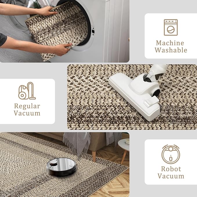 RUGSREAL Washable Rugs 5x7 Living Room Boho Throw Rug Stain Resistant Braided Print Border Large Carpet for Bedroom with Rubber Backing Low Pile Farmhouse Rustic Rug for Home Decor Office, Camel