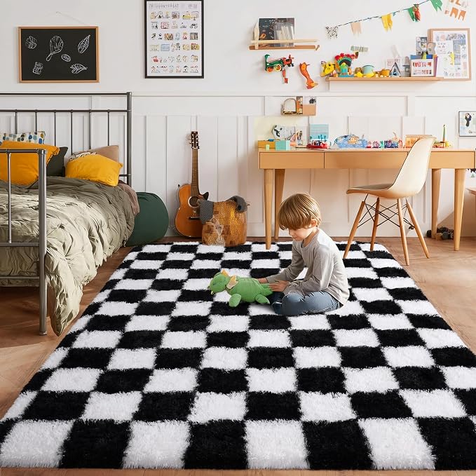Pionblank Fluffy Area Rug for Bedroom 5x7, Modern Indoor Shag Carpet, Soft Plush Non Slip Checkered Rugs for Living Room Kids Room Home Decor, Black and White