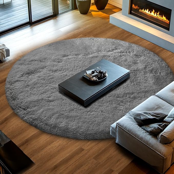 Grey Round Fluffy Rug 8Ft: Shag Grey Area Rugs for Living Room- Circle Large Plush Soft Gray Rugs for Living Room- 8x8 Feet Fuzzy Modern Carpets for Bedroom, Kids Room Decor
