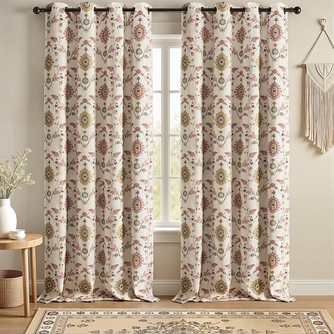 Boho Floral Blackout Curtains for Living Room, Beige Linen Textured Drapes with Colorful Bohemian Print 96 Inches Long 2 Panels Set Vintage Farmhouse Rustic Window Curtains Grommet Top