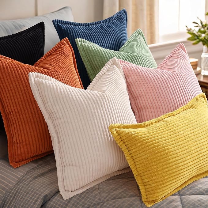 decorUhome Fall Corduroy Black Throw Pillow Covers 24x24 Set of 2 | Euro Sham Couch Decorative Soft Modern Boho Farmhouse Pillow Covers Broadside Striped Pillow Cases for Living Room Bed Sofa