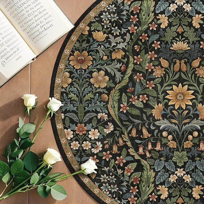 Round Rug 4ft Black Brown Washable Floral Circle Rug,Vintage Boho Botanical Round Area Rugs, Non-Slip Soft Low-Pile Circular Carpet for Bedroom,Kids Room,College Dorm,Home Decor