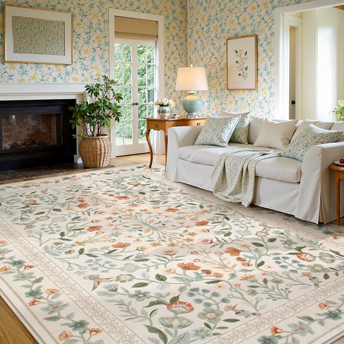 Lahome Floral Washable Area Rug 8x10, Large Vintage Non Slip Carpet for Living Room Bedroom, Low-Pile Soft Boho Rug for Dining Room Home Office, Machine Washable Home Decor, Beige