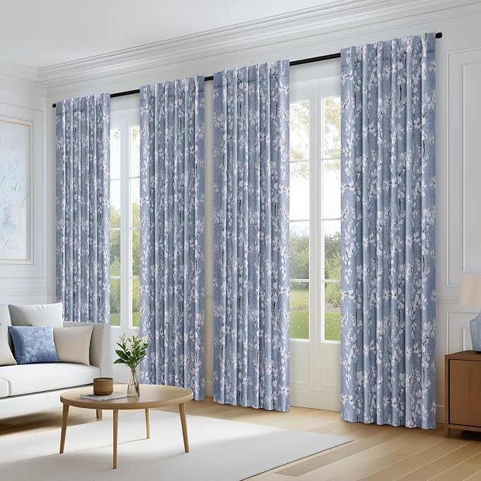 FMFUNCTEX 100% Blackout Blue Floral Curtains 84 Inch Rod Pocket 2 Panels | Black Out Drapes, Thermal Insulated Cottage Farmhouse, Blossom Flower Patterned Curtain for Bedroom, Living Room Darkening
