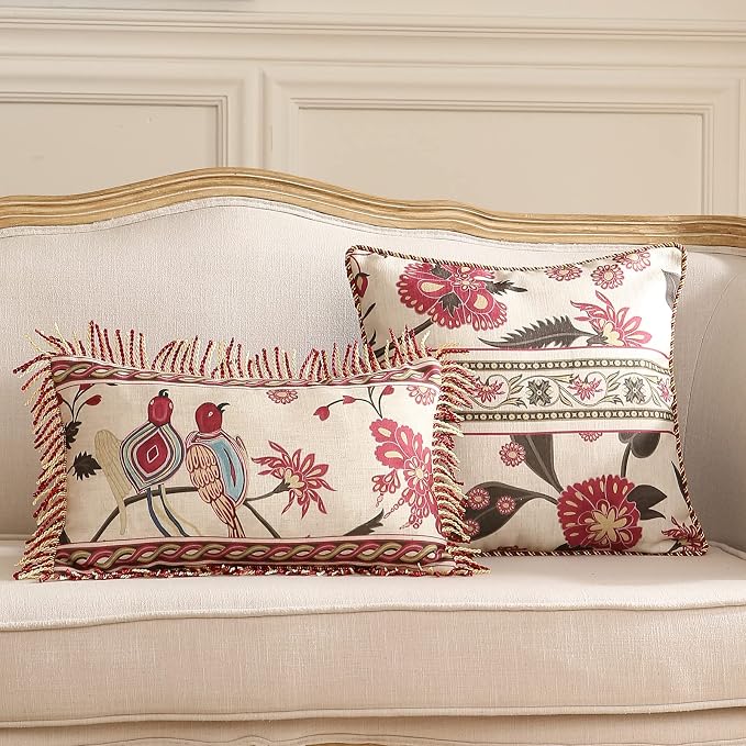 patdrea Designer Vintage Linen Throw Pillow Cover,Set of 4-Schumacher | Elegant Decorative Pillow Case,Bird Pattern with Tassel Pendant,Cushion Coverfor Couch Living Room Bedroom Sofa