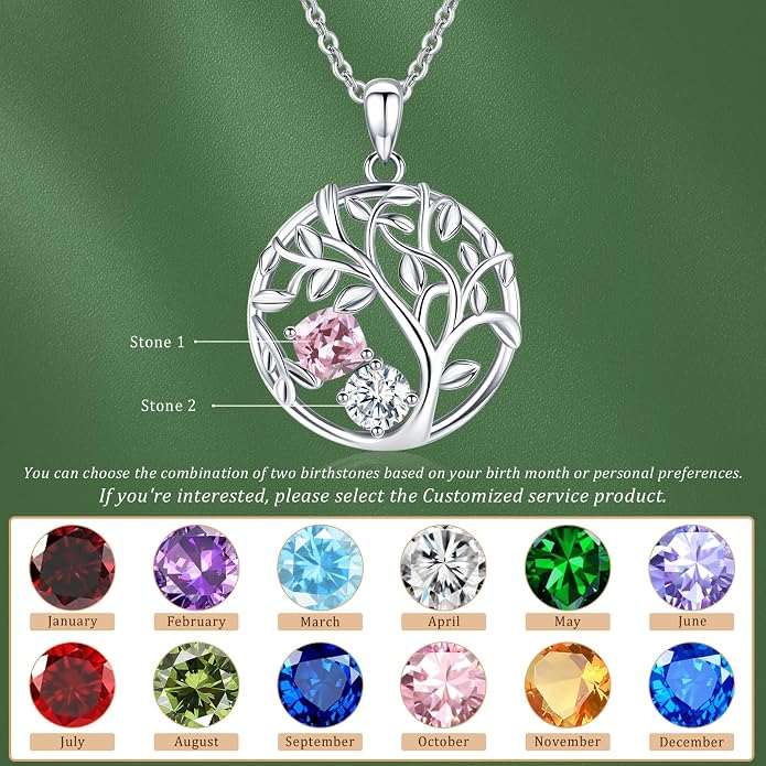 Tree of Life Birthstone Necklace for Women 925 Sterling Silver Birthstone Pendant 12 Months Necklaces with Zircon Birthday Gifts for Women, Mom, Grandma Cable Chain 18"+2"